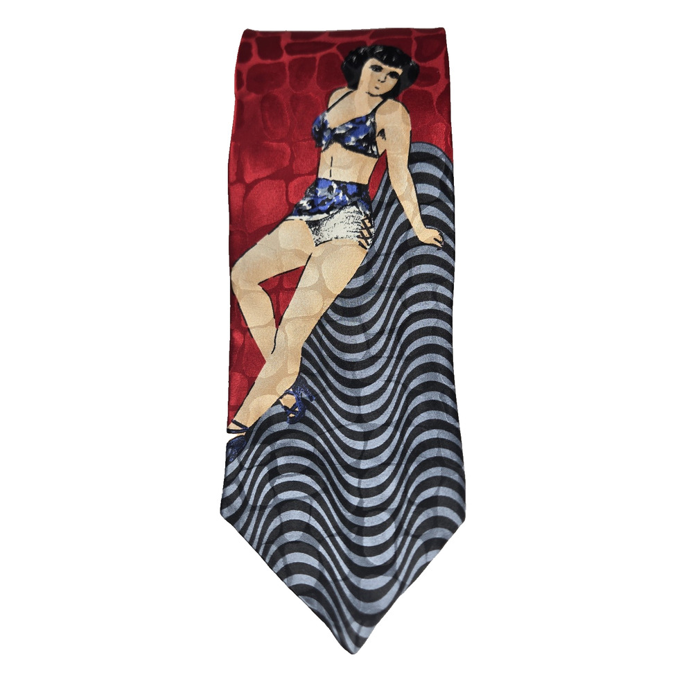 Casa America Mens Silk Tie Pin Up Girl Art Blue Wavy Line Novelty Vintage NWT